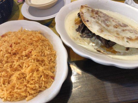 Rice; quesadilla carne asada with queso