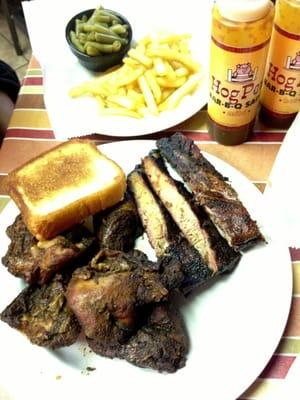 Chicken & Ribs combo with fries and green beans and Texas toast. Super moist chicken and this to die for ribs.