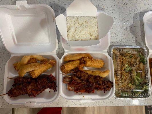 Fried Shrimp Ribs (bone in), beef teriyaki, egg rolls, white rice