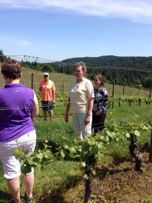 Mrs. Kramer giving the Grape Escape tour group a great explanation of the grape growing process and vineyard practices.