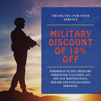 Now offering 10% off to all active and former military personnel