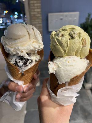 Cookies and cream and butter pecan (L), coconut fudge brownie and pistachio (R)