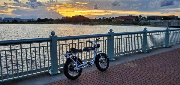 Sunset at Pensacola Community Maritime Park overlooking Nick's Boathouse and Bruce Beach.