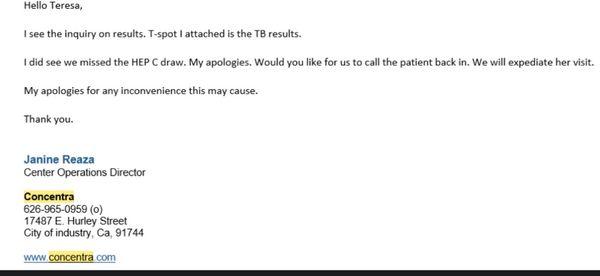 Email of Concentra COD ensuring an "expedited" visit for ONE HEP C titer lab draw.