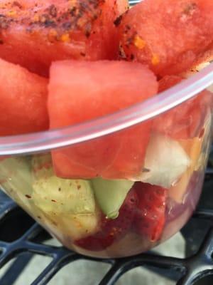 Watermelon, pineapple, strawberries, papaya, honey dew melon, mango, jicama, and cucumbers