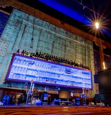 The beautiful back bar, displaying all our bottles and glassware.  Built by Mr Ananda Oliveri from Faux Real FInishing