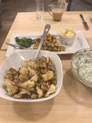 Roasted cauliflower and grilled shrimp