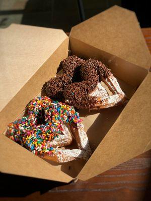 Churros "My Hearts" 4 Churro Hearts covered with Chocolate (2) Rainbow Sprinkles (2) Chocolate Sprinkles