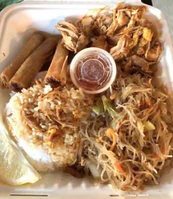 Chicken adobo combo (lumpia, pancit bihon & rice)