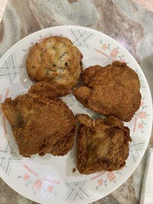 fried chicken and blue berry biscuit