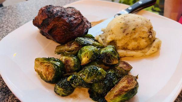 Sirloin Steak, Garlic Mashed Potatoes and roasted Brussel sprouts.