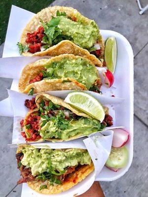 Volador Flight: Assortment of signature chorizo taco and prime cut beef taco w/ radishes and lime wedges