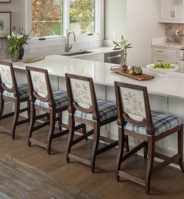 Custom bar stools in newly renovated kitchen.