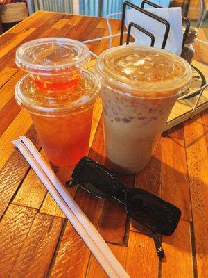 Iced green tea with a side of peach syrup & a salted caramel iced coffee.