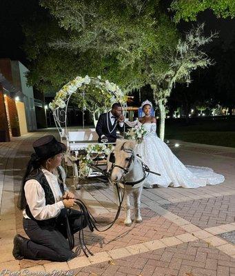 A pretty grand exit for our bridge and groom with our Mini Cinderella carriage at the Crystal Ballroom in St. Augustine, FL.