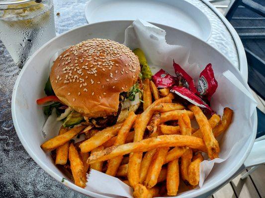 Blackened Grouper sandwich and fries.