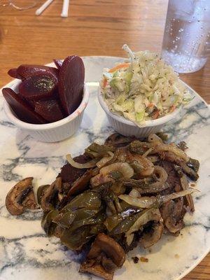 Beef steak with two sides (pickled beets and cole slaw)