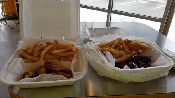 Honey BBQ Wings combo with fries and sweet tea and Sweet and Spucy wings combo with fries and lemonade