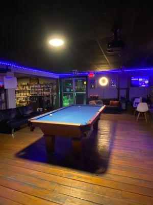 Pool table, vape accessories, seating