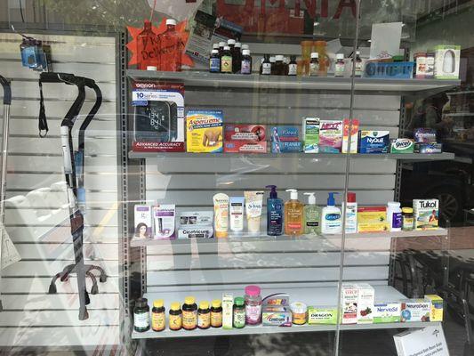 Our window display. We always add new items that arrive to our pharmacy to the display