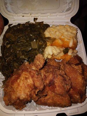 Chicken dinner with macaroni and collards