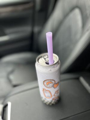 Blended milk boba with taro and tapioca in fun tall boy style plastic can.