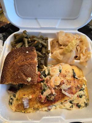 Creole Stuffed Fish, Cabbage, Green Beans & Corn Bread.