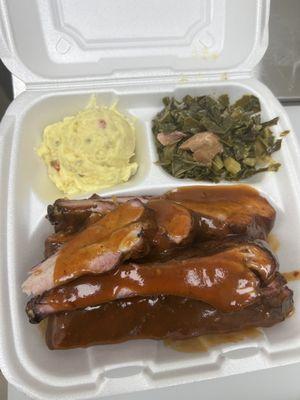 Ribs collard greens and potato salad