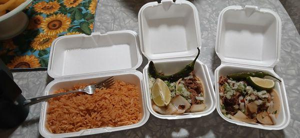 Medium rice + 2 small steak tacos + 2 small pork tacos = $25.00