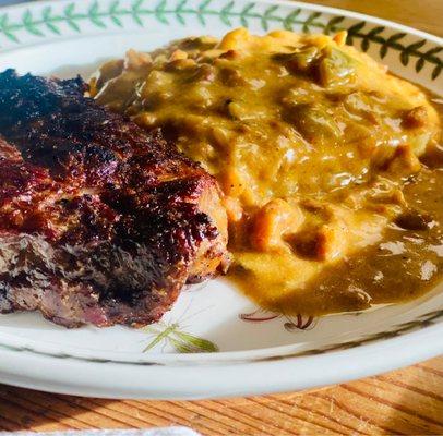 Hubby ate rest of his ribeye 4 Brunch with extra polenta & crawfish sauce we got 2 go. He is still raving it's best steak he has ever had.