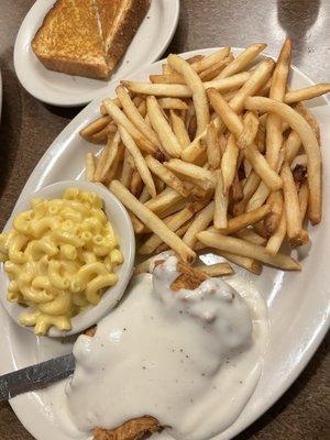 Chicken fried chicken with French fries, Mac & cheese, and Texas toast!