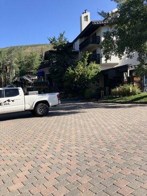 The police park directly in front of garage entrance. They moved over a bit in this photo.