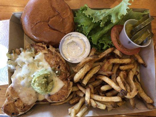 Chloe verde with grilled chicken, fries and ranch pickles