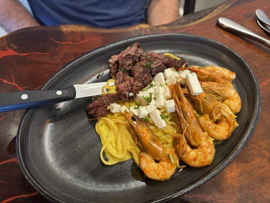 Shrimp and steak linguine