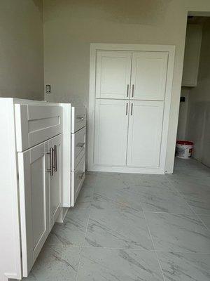 Malibu White Custom stock cabinets  at Cabinets To Go with custom built in using Malibu White cabinets