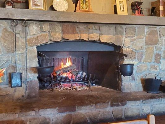 Cracker Barrel fireplace adds some atmosphere and warmth on a chilly Michigan day.