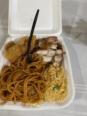 Chow mein, fried rice, fried shrimp and teriyaki chicken