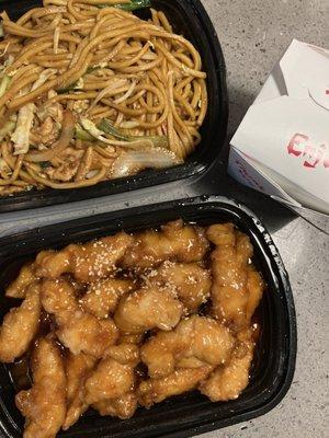 Sesame Chicken, Chicken Lo Mein and White Rice