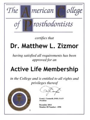 American College of Prosthodontists Lifetime Membership Certificate.