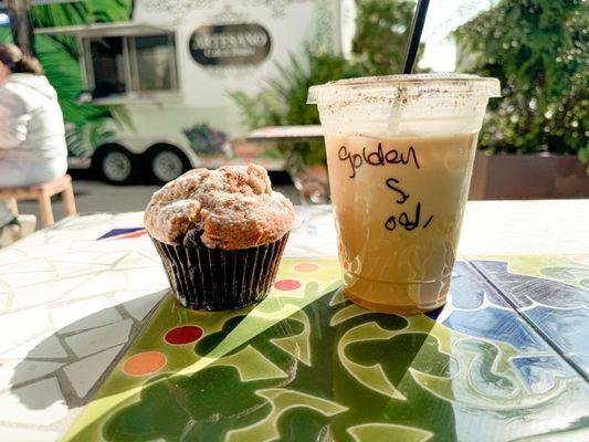 Seasonal golden spice latte and a cappuccino muffin