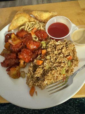 Crab Rangoons, Vegetable Fried Rice, Chicken Chow Mein, Sweet & Sour Chicken with Hot Mustard and Sweet & Sour sauce for dipping.