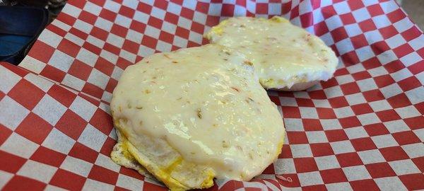 2 eggs,  pepperjack cheese on a poppyseed bagel