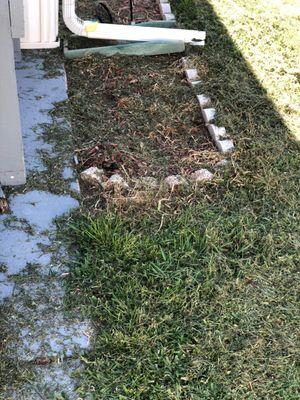 This is the way they left my patio and yard.  Can’t take the time to blow off or weed eat?  Blowing grass on top of mulch all summer.