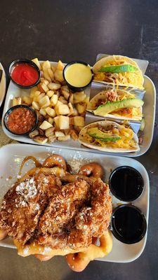 Chicken and funnel cake and breakfast tacos