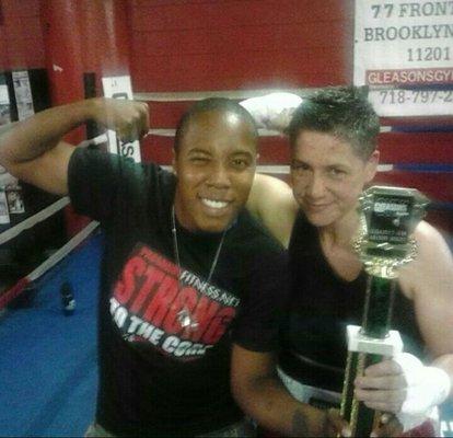 Coach Rock and boxing client  (over 45 years old) at Gleason's Gym after clients first fight ever, and first win.