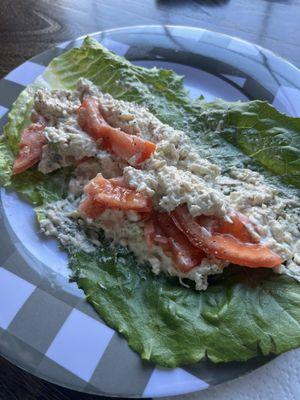 Chicken salad on lettuce since no Gluten Free bread.