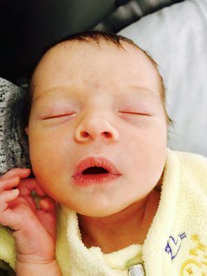 Newborn enjoying snuggles with her baby nurse.