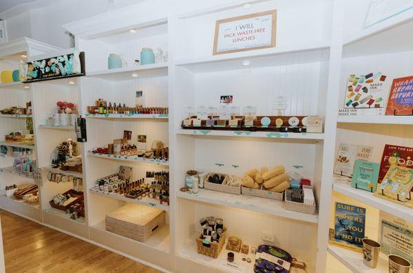 An array of eco-friendly products, such as skincare, soap bars, and laundry essentials.