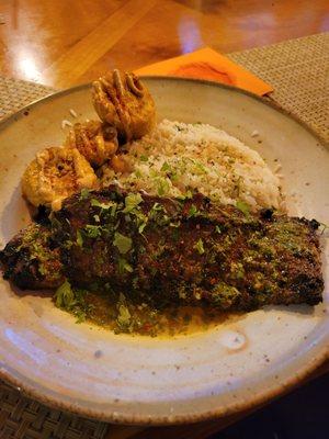 Chimchurri steak, cilantro rice, elote corn