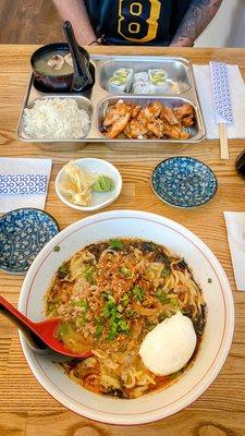 Teriyaki chicken bento with California roll and miso soup (top) Tan Tan Ramen (bottom)